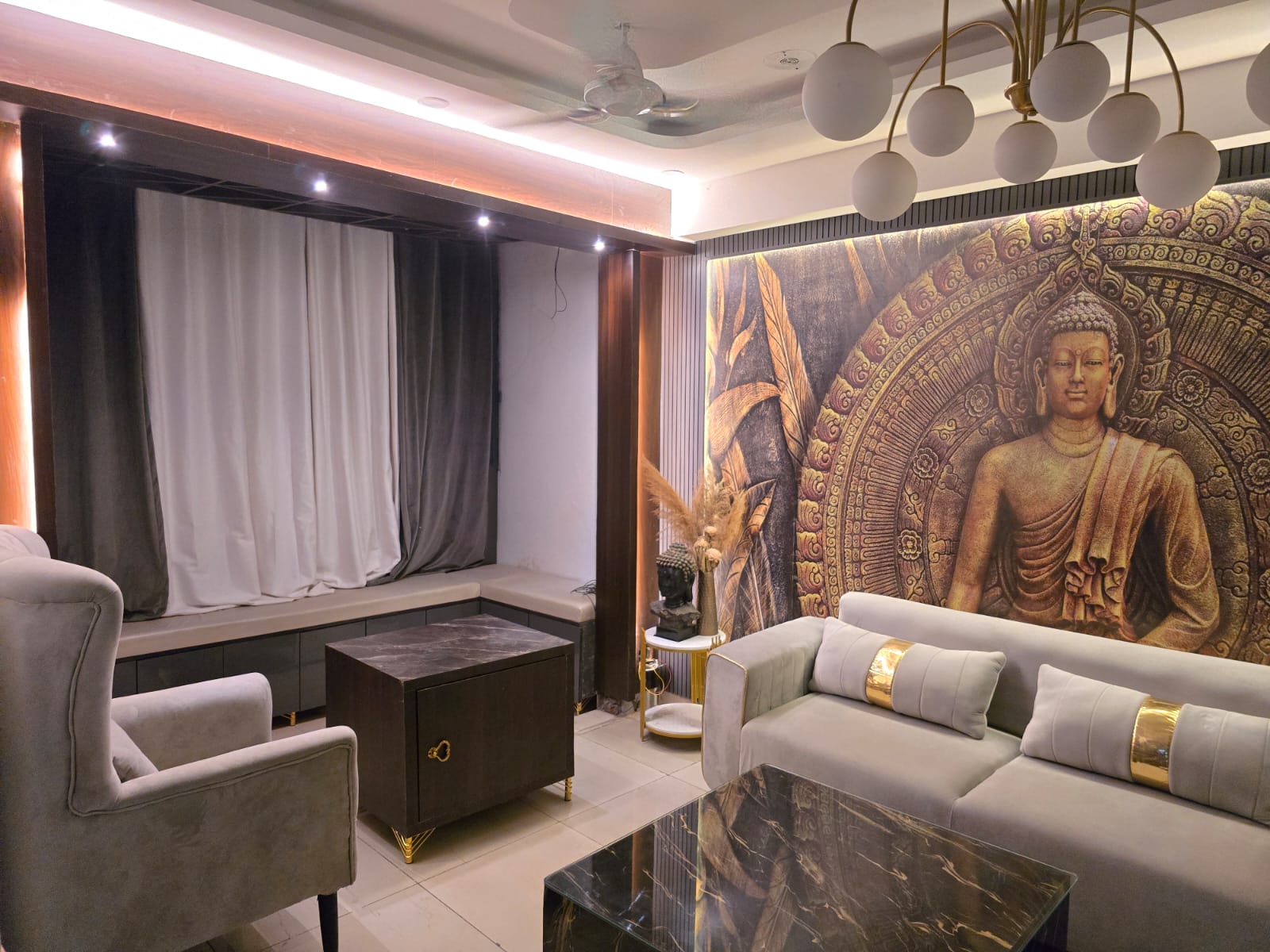 Serene Lounge with Buddha Mural
