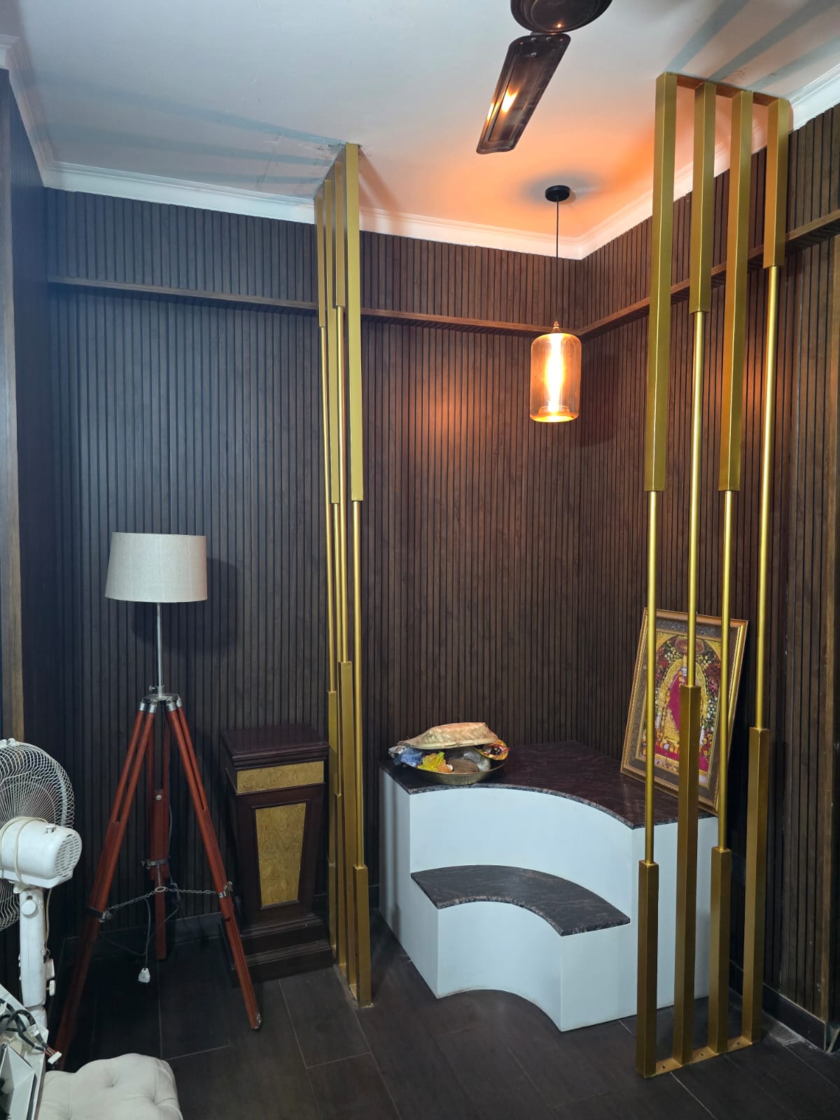 Modern Mandir with Gold Partitions